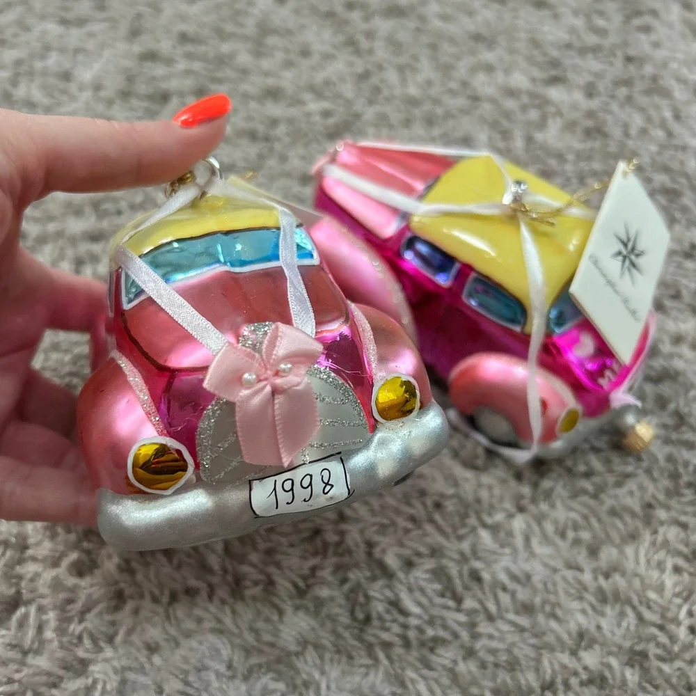 Vintage Christopher Radko 1998 Married Away Ornaments Set‎ 2 Pink Wedding Car